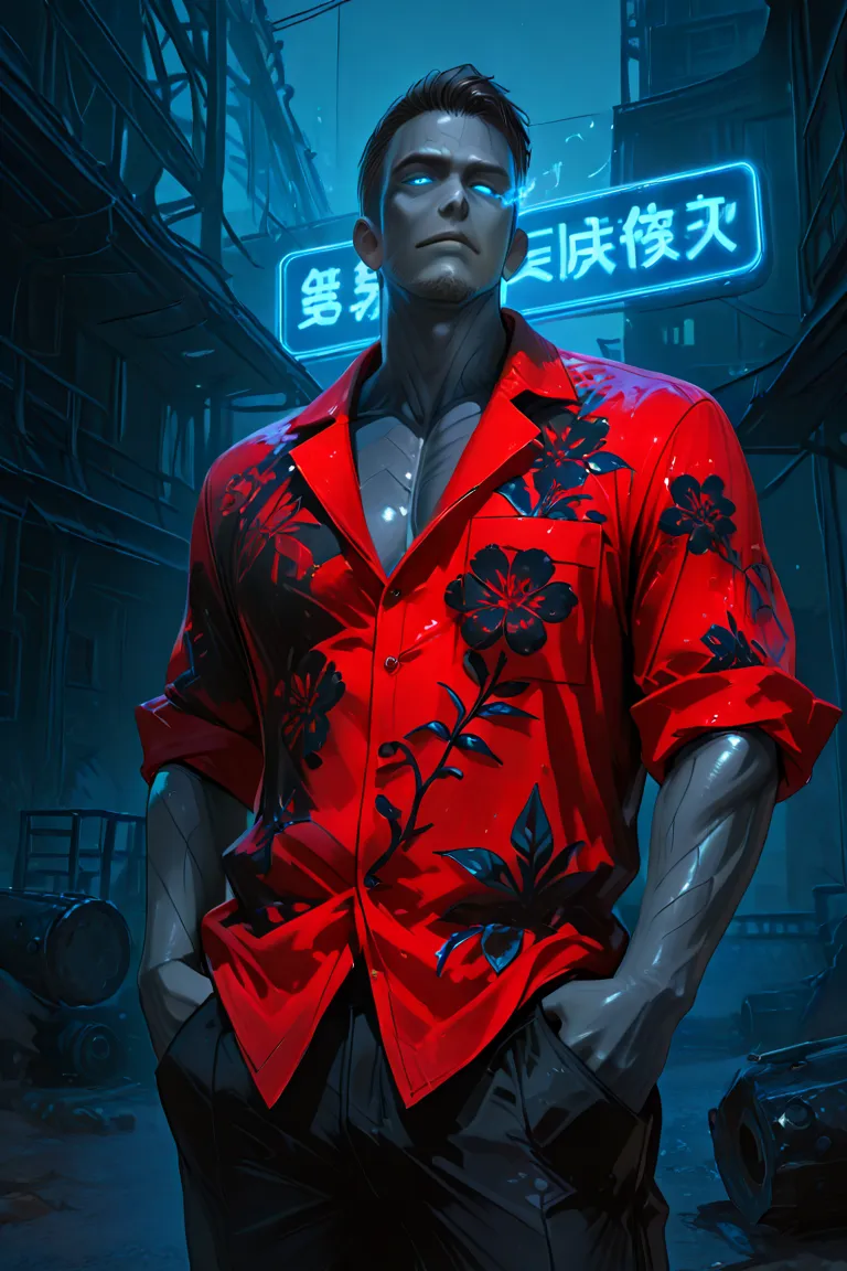 Outdoors, black mature male, wearing black and red floral shirt, wearing black dress pants, blue eyes, glowing eyes, short hair, grey skin, club environment, night, blue neon signs, 8k, Unreal engine, highly detailed, photorealistic, 