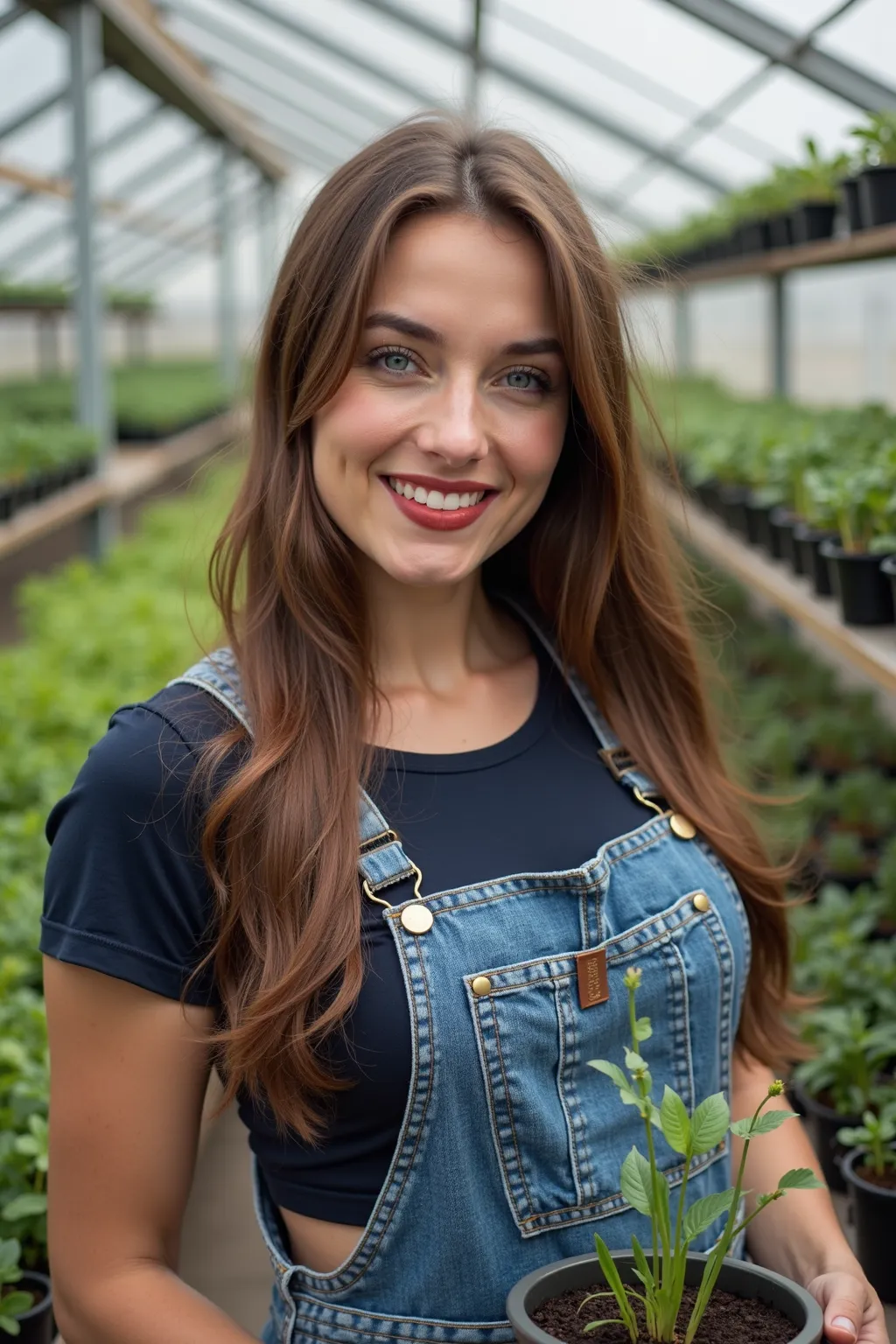  brown-haired woman, long brown hair, in nursery, glatte long brown hair, 30 years, big boobs, dark blue crop top, Jeans overalls, nursery, Carries a bowl of seedlings, sweats, beautiful blue eyes, friendly strained smile, Arbeitet in nursery,  dark red li...