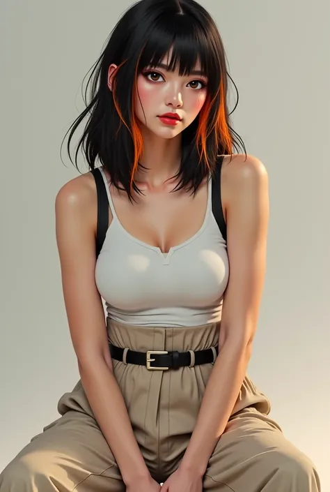 She must be a realistic woman with white skin and brown eyes she must have straight shoulder length hair black and orange with orange reflections in her hair and wear a wide long white tank top and a black belt around light beige wide pants and black eye m...