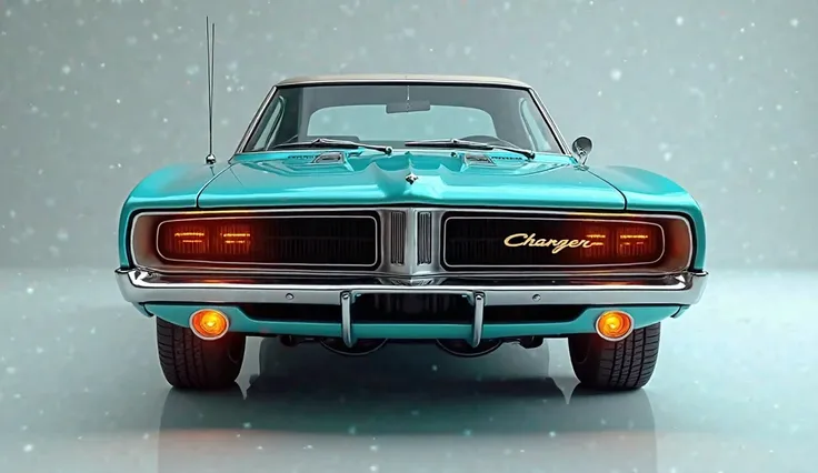   A 4k picture 1970 mesmerizing 3D render of the (Dodge Charger) showcased in a captivating( Aqua marine)that demands attention. The only (front  side)of the vehicle features advanced bright Orange lights, enhancing visibility and embodying innovation. The...