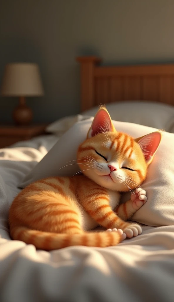 Make a realistic animated orange cat trend that cat sleeping in the bedroom like an human