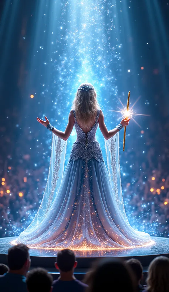 A magnificent sorceress stands at the center of a grand stage, her transformation complete. She is now wearing an enchanted, glowing gown with intricate silver and blue patterns. Her eyes radiate magical power, and a golden wand appears in her hand. Mystic...