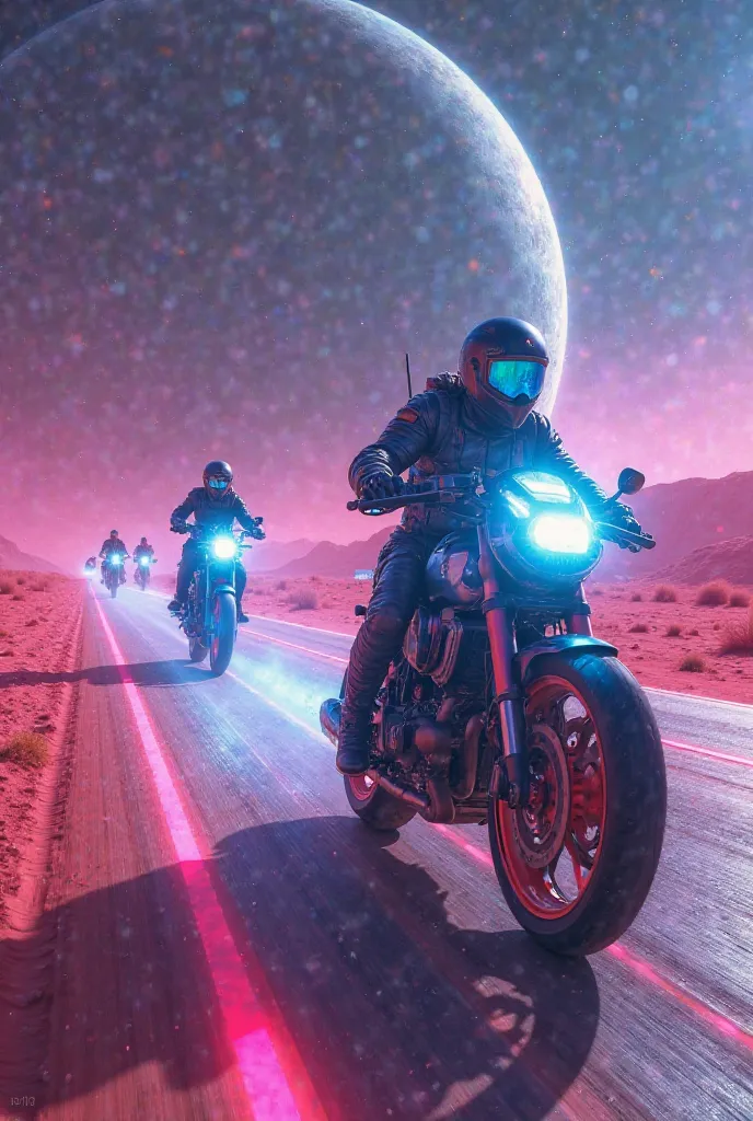 In a dystopian future, a group of high-tech bikers speed across a glowing desert highway under a massive neon-lit sky. The sand beneath them kicks up into shimmering dust, illuminated by the headlights of their sleek cybernetic motorcycles. The lead rider ...