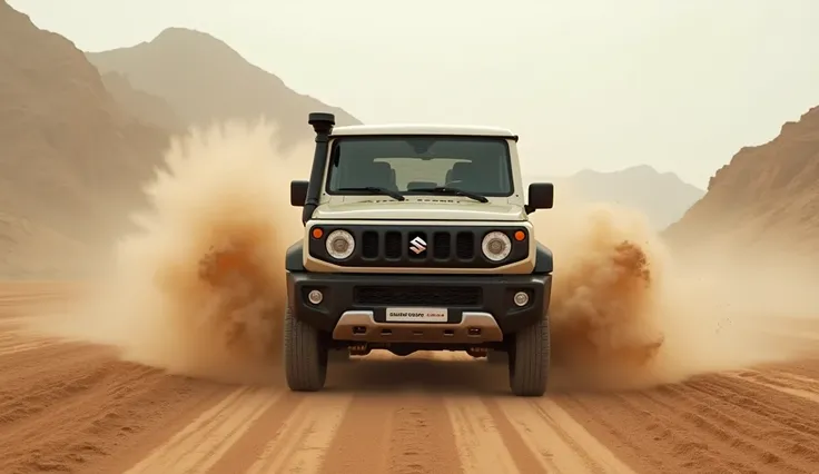 Stunning winter road in a daytime Desert-storm, Suzuki "Jimny Sierra" 4WD system, medium closeup shot, in HDR clarity with 8K resolution lenses