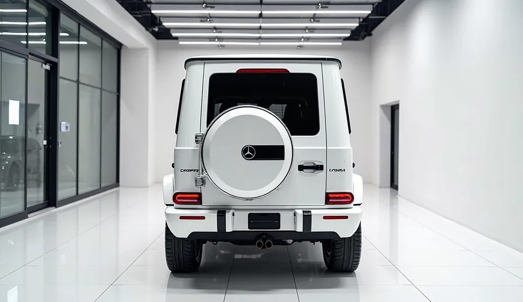 The (full only back view )of painted with galemy diamond full (white) (2025 Mercedes G-Class)  large shape van in large size with (classic sports) its large detailed grille in shiny white colour with angular simple design captured from (full only back view...