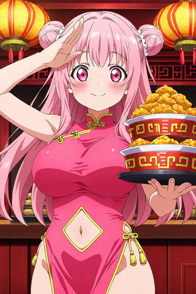 anime screencap, 1girl, solo, looking at viewer, cowboy shot, pink chinese dress, navel cutout, midriff, navel, pink pelvic curtain, pink hair, long hair, double bun, pink eyes, large breasts, smile, blush, arm up, holding chinese food, chinese restaurant