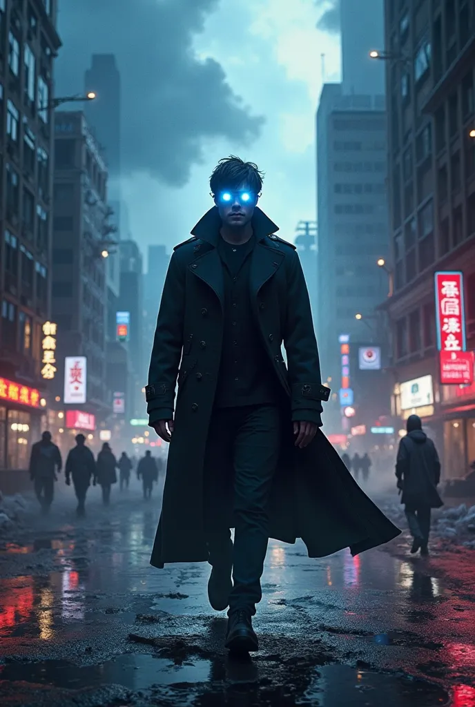 A hyper-realistic, cinematic movie poster for 'Solo Leveling: The Awakening'. A dark and intense atmosphere, featuring a powerful protagonist with a black trench coat, glowing blue eyes, and a shadow army behind him. The cityscape in the background is part...