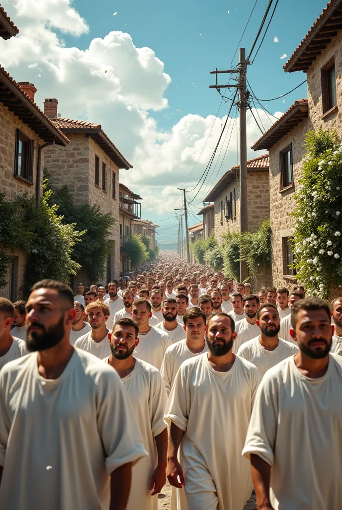 An immense crowd, composed of men and women dressed in tunics pure white, Slowly walk down an old and narrow street, surrounded by stone and wooden houses. Their faces reflect serenity, faith and hope, with glances turned to the sky, where white clouds han...