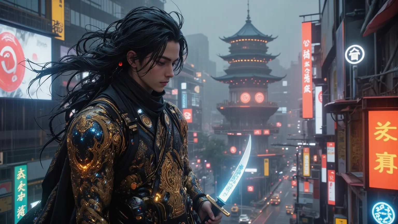 A battle-hardened cyberpunk samurai stands atop a towering skyscraper, overlooking the neon-lit expanse of Cyber-Jakarta, where tradition and technology collide, his long black hair flows in the wind, strands catching the glow of flickering holograms displ...