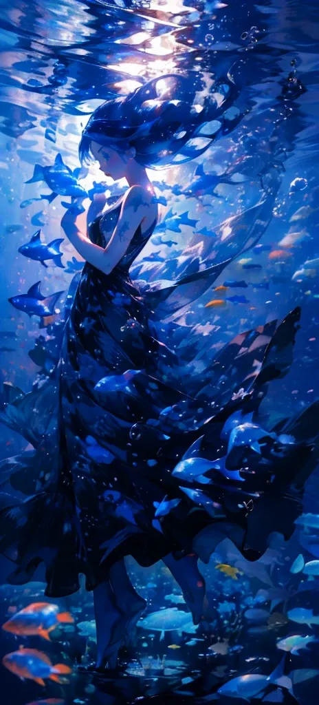 ((Blue hair long twin hair 1 girl:1.4))，(( blue eyes))、Full body solo shooting、(( in the sea:1.4))、seabed、deep sea、Floating in the sea、( splashes :1.3)、Lots of small fish、((Long Dress、bare feet))、Floating、A lot of bubbles、bubble、jellyfish、Jellyfish、Coral R...