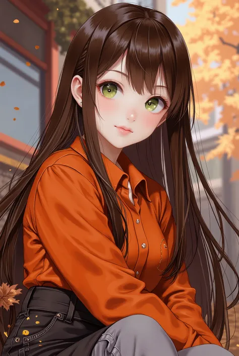 Girl, long, straight brown hair, olive green eyes, sharp features, light white skin, shiny light pink lips, beautiful, perfect, elegant, wearing a dark orange sleeved shirt, jeans, high-quality resolution, clear bright colors, autumn atmosphere.