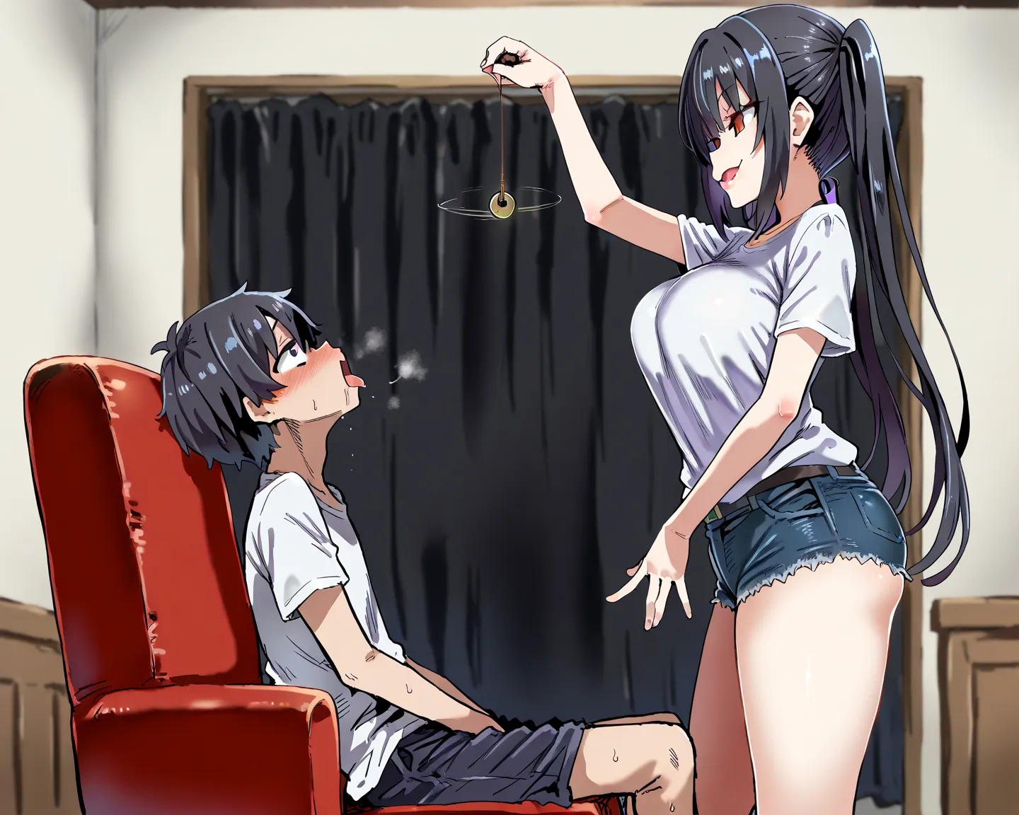 score_9, score_8_up, score_7_up, (top quality, 8k), high resolution, detailed, source_anime, colorful, living room, side view, 1boy solo, black hair, white shirt, ((boy slouching on chair)), (boy is sitting on an armchair), armchair, \(boy\) ahegao, male a...