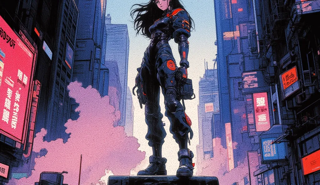 Masamune Shirow's Ghost in the Shell style blended with 80s/90s anime aesthetics like Akira, a full-body anime character from the top of her head to the tips of her feet with a sporty, athletic physique and toned curves, positioned centrally in an extra-wi...