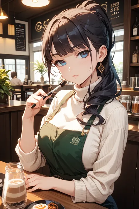 A trendy young Korean woman sitting in a stylish, minimalist cafe, holding an iced latte in one hand. She has sleek black hair styled in a soft half-up ponytail, flawless glass skin, and naturally arched eyebrows. She wears a beige turtleneck sweater layer...