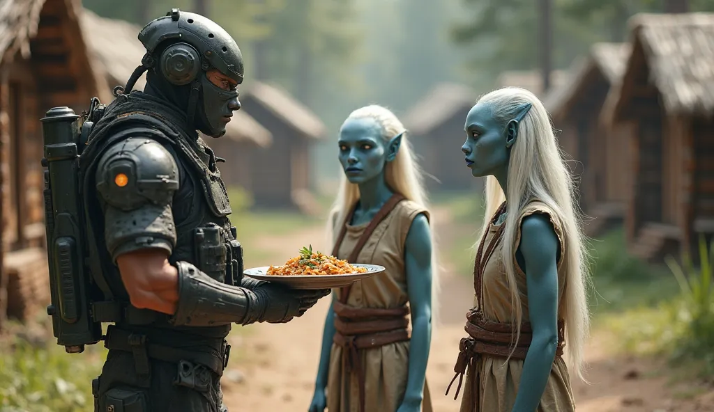 realistic image of ""A human male soldier, dressed in futuristic tactical gear, stands in a peaceful forest village made up of wooden cabins. He holds a plate of food and offers it to two alien girls with light blue skin, , and long white hair. Both girls ...