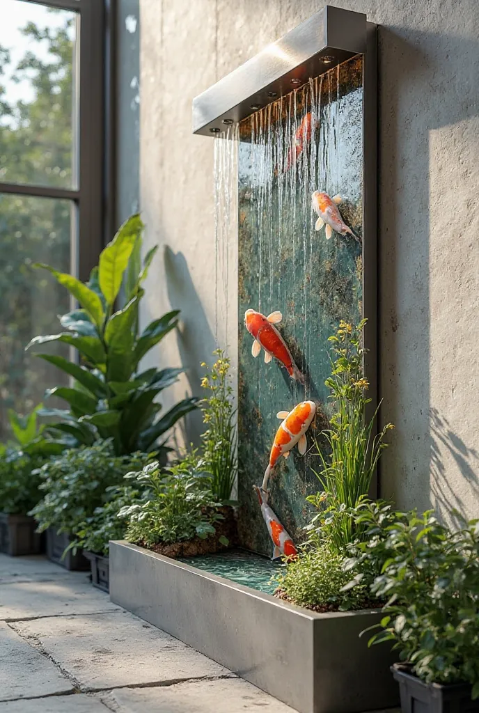 Modern style wall fountain with plants and fish