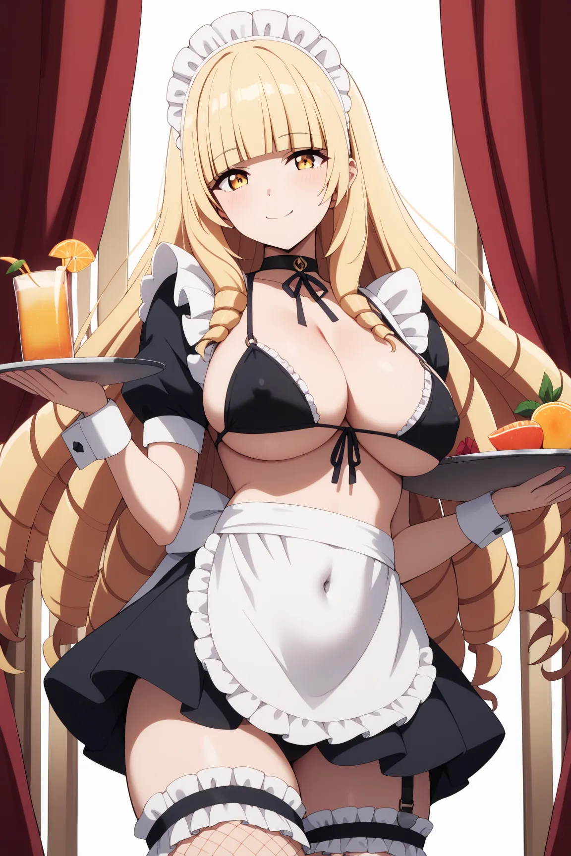 masterpiece,best quality,{{detailed beautiful face and eyes}}, very detailed background,
Rose Oriana,{{{megami magazine}}},long hair,blonde hair,drill hair,blunt bangs,yellow eyes,large breasts,
(black maid bikini:1.4),(white long apron:1.4),(frills:1.2), ...