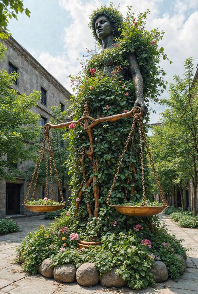 * An installation with plants and flowers that grow through and around symbols of justice