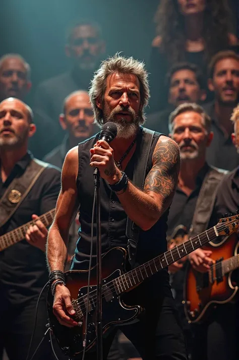 Rock singer microphone singing in the background other musicians short beards because they look a lot like a well-known rocker Jon Bon Jovi sitting very close to his face the image of a beautiful woman in the choir 