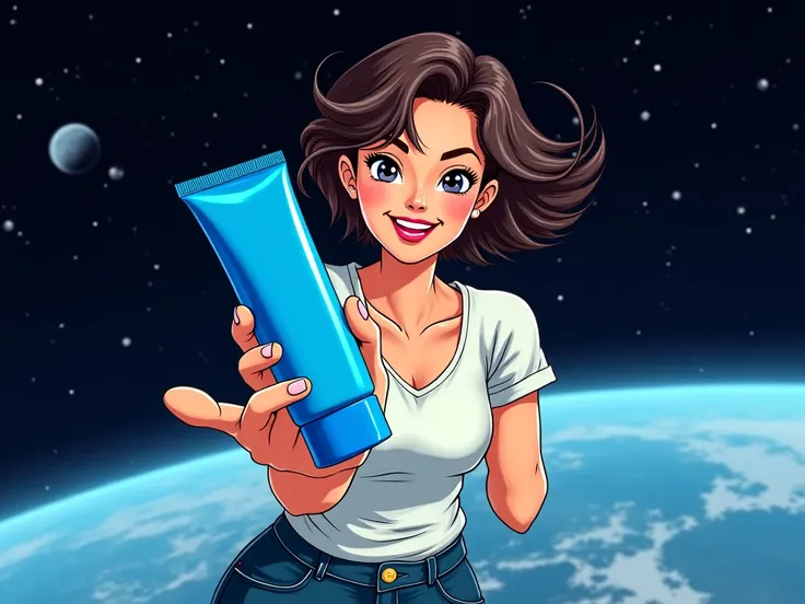 Woman in short sleeves floating in space reaches out to show off a blue bottle of sunscreen product，Adult body proportions，Head-up view， front view， comic style 