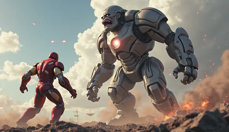 Iron Man defends himself against Iron Gorilla's super attack in the sky and the ships stand idly by and watch