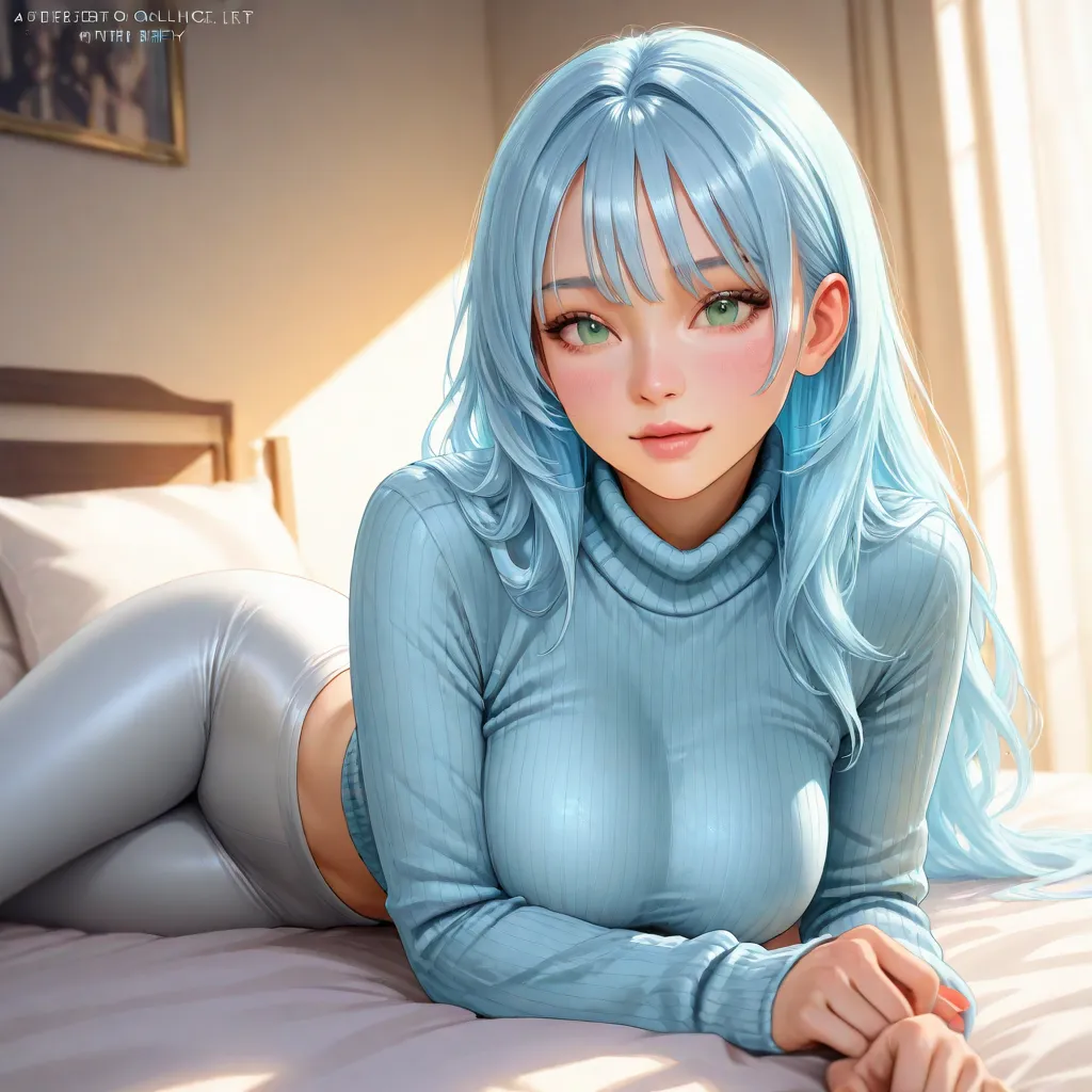 (((work of art))), (4K),  A woman,  long light blue hair, fringe, expressive green eyes, detailed face, lying in bed,  Very large breasts ,  thin waist, thin and tight sweater, looking at spectator 