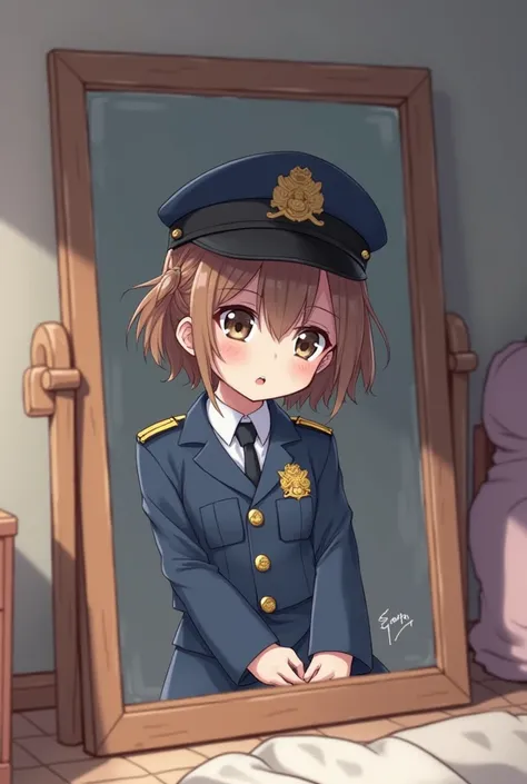 a anime girl wearing normal clothes seeing in the mirror of her in police officer dress of IPS 