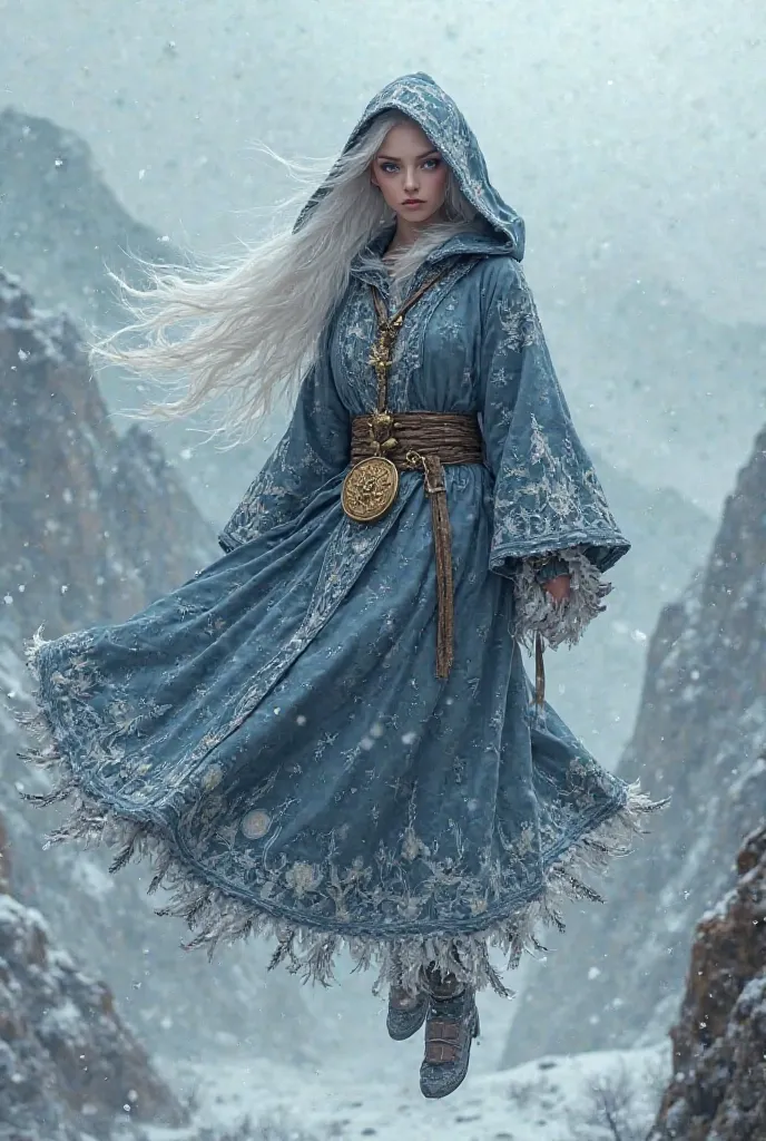 （Full Body Image），（ Suspended in the Air ），girl with long white hair，huge hood casts shadows，Expose your right eye（black pupils shimmer），left face covered by a hood，Heterochromia，wearing a complicated shaman robe embroidered with a star star pattern，ice cr...