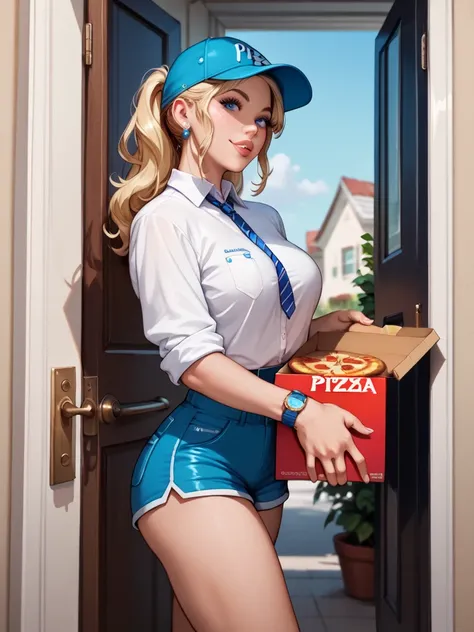 Beautiful young blonde woman wearing a cap shorts and a polo shirt, color blue with a pizza box at the entrance of a door 