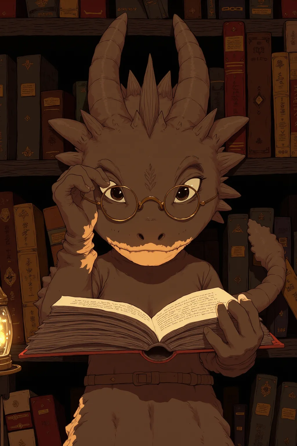 The theme is Dragon's Eye,Pick a book from the bookshelf、眼鏡をかけたDragon close-upアニメイラスト,The dragon is gentle and intelligent,Asymmetrical eyes with one eye glowing,The other eye is a rounded eye🌀,Round face with a soft expression,Snout slightly curled,Small ...