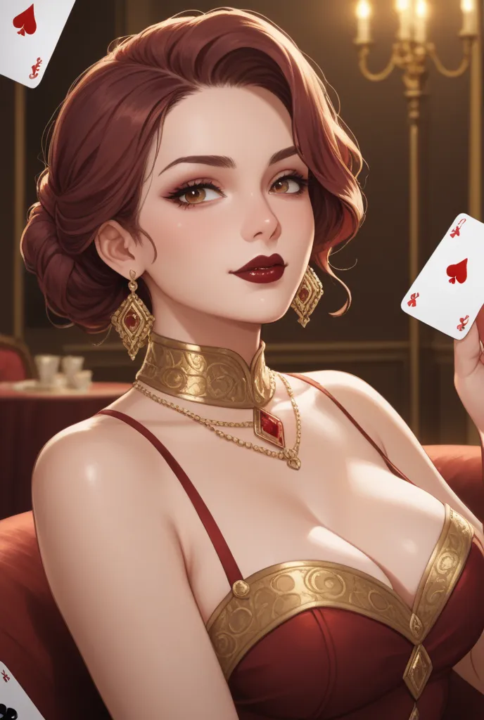 "A stylized card from Queen of Cups in a luxurious and somber environment, with a dark 'Burgundy Boudoir' style. The queen is a blond woman, with a confident and proud look. She wears dark lipstick and a burgundy and gold dress, richly decorated with patte...