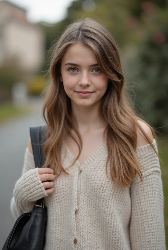  Very Beautiful Girl , with a sweater, And a school bag. She has very nice hair, European, aged 16 She is in front of the camera, and has a charming little smile