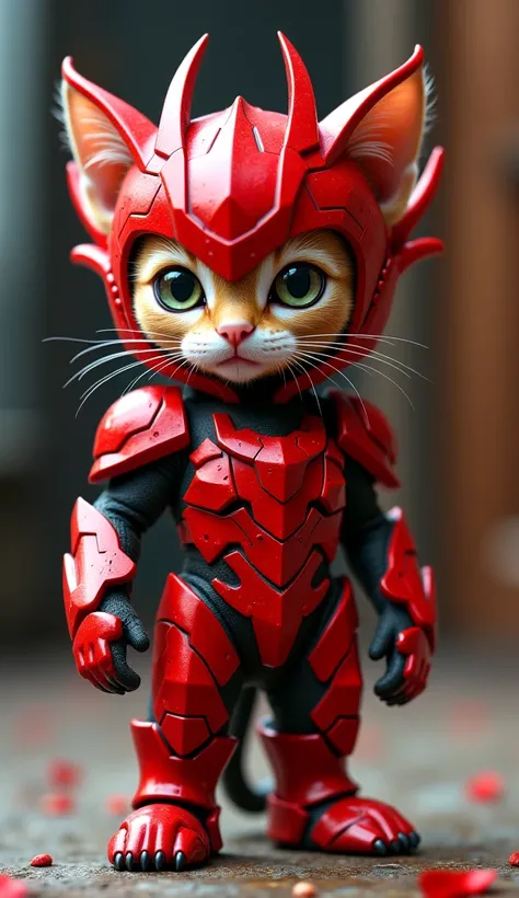 cute kitten wearing red demon armor

I'm wearing a helmet

standing on two legs

background room

Facing forward

As real as the picture

