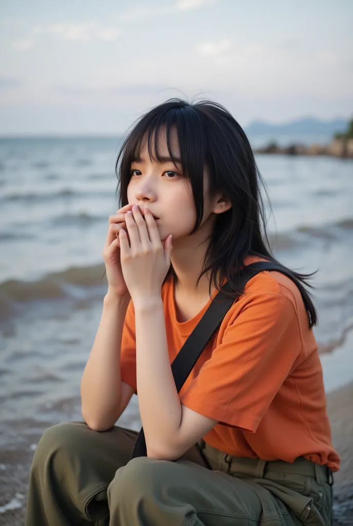 Sincere portrait of a young Japanese woman with delicate features, fair skin, blonde hair, and a gentle expression. 
her face is slim and shaped She has big, expressive eyes,     .
 Her nose is small and slightly curved up, and her lips are naturally pink ...