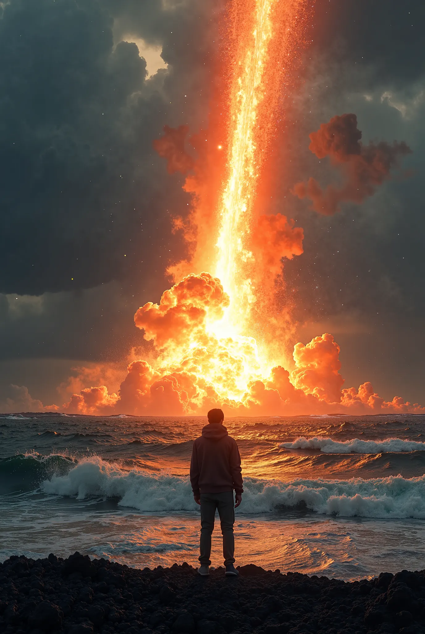 Looking out to the ocean as a meteor hits the sea