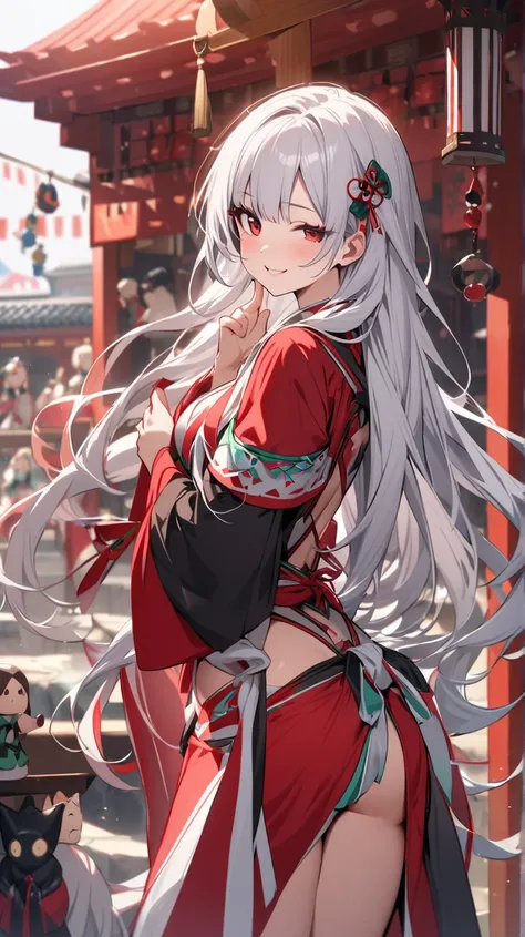 (Best Quality, ), beautiful woman ( red eyes、 Silver Hair), elements、A cute shrine maiden figure，well-groomed face、perfect fingers( beautiful hands and fingers )confident smile、(holding a bow、wink、Overlook)、solo, long hair, chest, looks at one woman,  back...