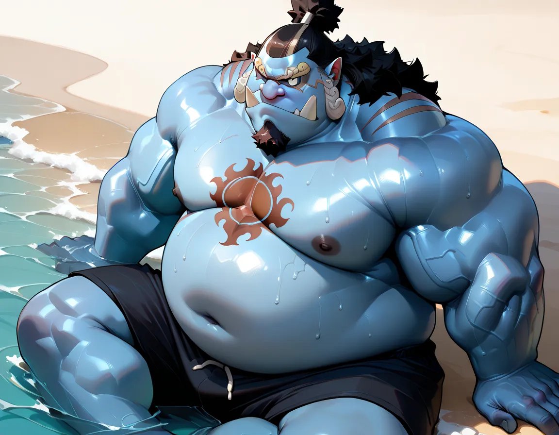 solo, 1boy,jinbe, blue skin, detailed face, beach, sitting, detailed eyes, shorts, chest tattoo, wide shoulder, thick arms, (chubby, belly), wide pectoral, muscle, short hair:1.2, detailed eyes, focus eyes, sweat, shirtless, masterpiece, semirealistic:1.2,...