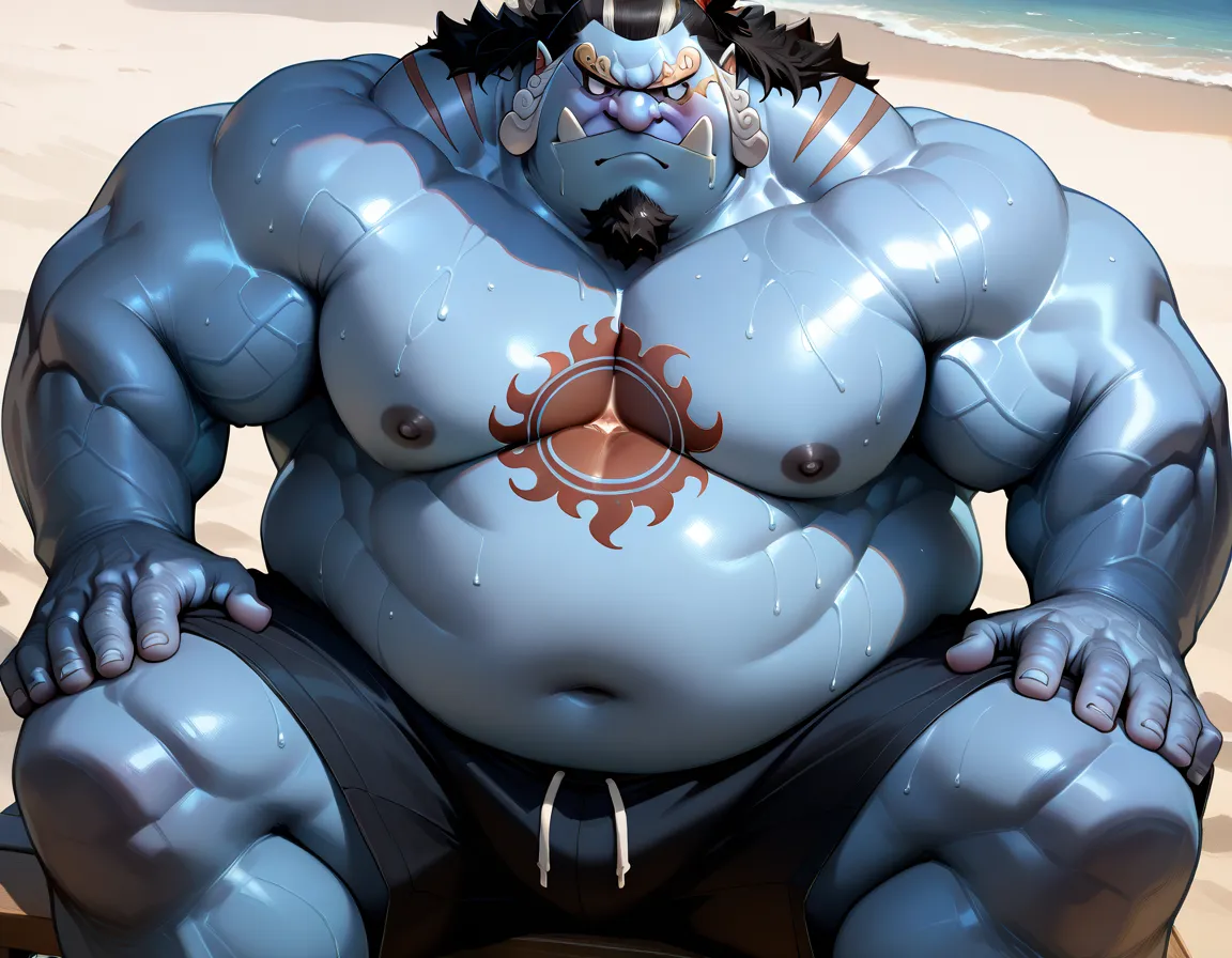 solo, 1boy,jinbe, blue skin, detailed face, beach, sitting, detailed eyes, shorts, chest tattoo, wide shoulder, thick arms, (chubby, belly), wide pectoral, muscle, short hair:1.2, detailed eyes, focus eyes, sweat, shirtless, masterpiece, semirealistic:1.2,...