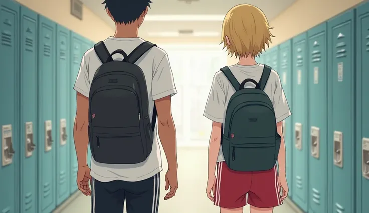 create anime image of the backview of two characters walking in a locker room, one is a guy with brown skin tone, black hair, green eyes, he is wearing a white t-shirt, black shorts with white stripes, and a black backpack. The other is a 19 year old girl ...