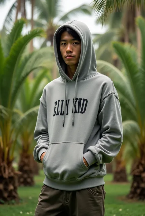  A young man wearing a hoody name on the hoody is EILLY KND standing under the coconut plantation 