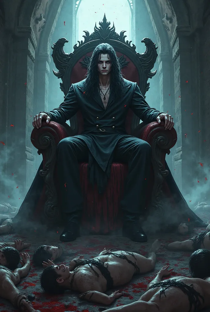 Evil anime male character sitting on top of throne where bodies laying around