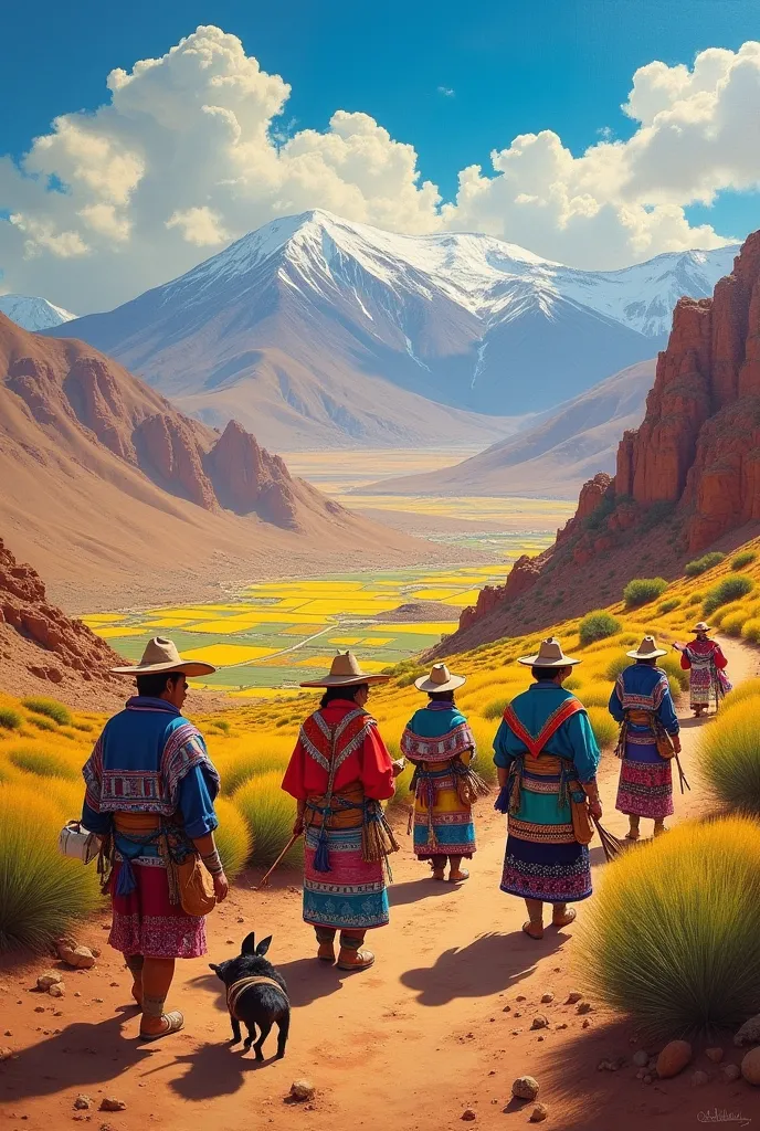 Create a painting that encompasses the Potosino Altiplano with its culture