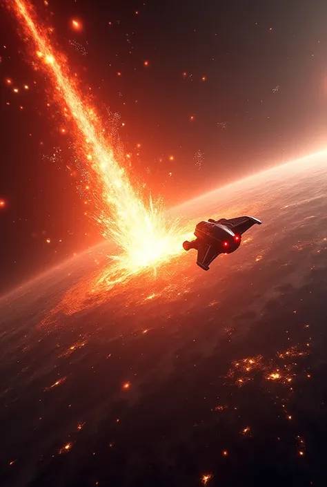 An epic, action-packed video that begins with a giant meteor approaching the Earth at high speed. 
 The scene is intense , with the meteor shining in a reddish and orange tone, leaving a trail of fire in its wake. 
The Earth looks small and vulnerable in t...