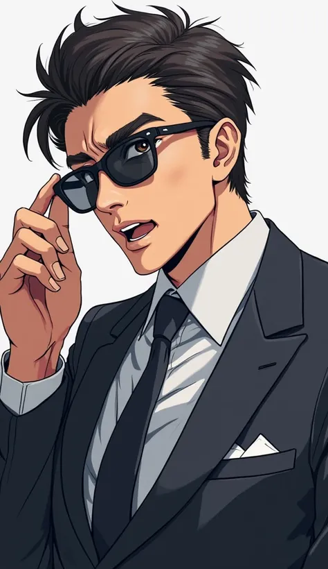 adult male,  Anime style. he's wearing a suit. снимает черные очки и с surprisedием смотрит в сторону. surprised.  Anime style