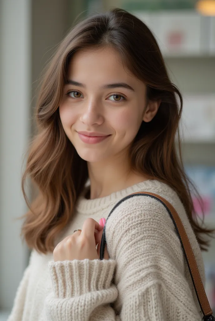  Very Beautiful Girl , with a sweater, And a school bag. She has very nice hair, European, Aged 19 She is in front of the camera, and has a charming little smile