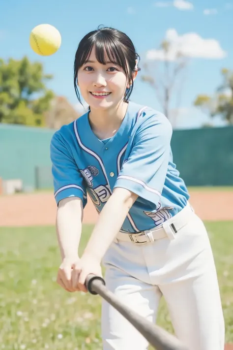 "A young Japanese female baseball player stands in the batter's box, gripping a bat firmly. She wears a white and blue baseball uniform with matching cap, her determined eyes focused on the incoming pitch. As the ball approaches, she swings with perfect fo...