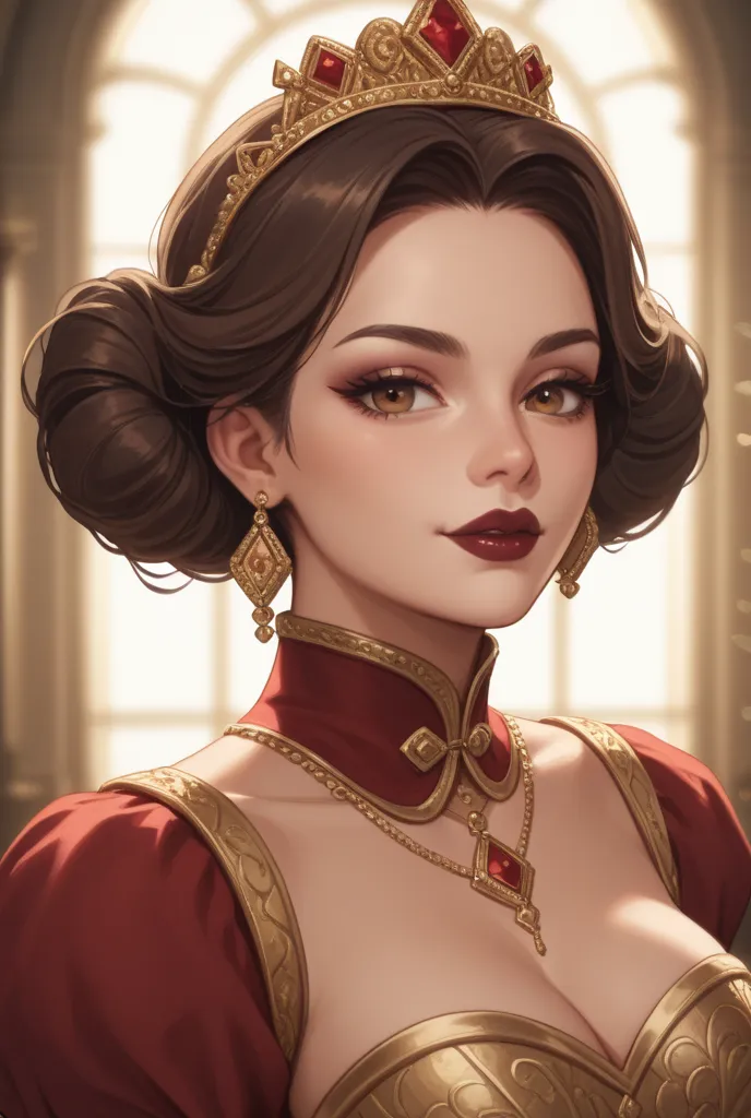 "A stylized card from Queen of Cups in a luxurious and somber environment, with a dark 'Burgundy Boudoir' style. The queen is a brown woman with a confident and proud look. She wears dark lipstick and a burgundy and gold dress, High collar, displaying subt...