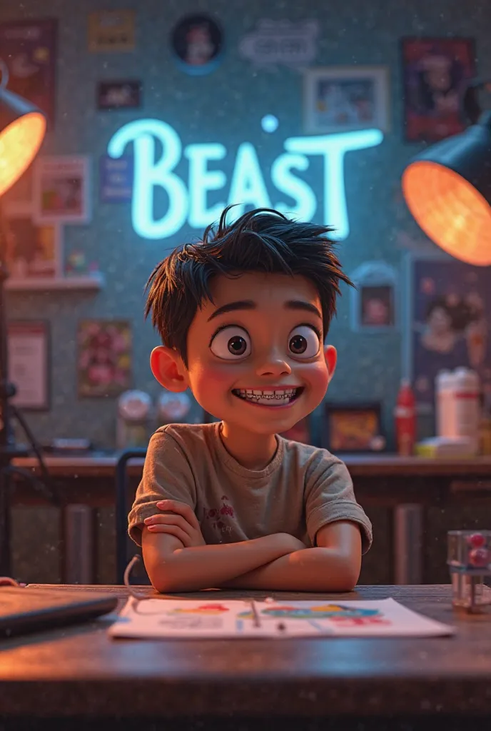 Disney inspired 3D poster/Pixar capturing a scene with a  boy, short black hair dress, wearing braces on teeth,  in the middle of his video recording studio , showing his happiness in creating content for YouTube. The studio has lighting equipment adding d...