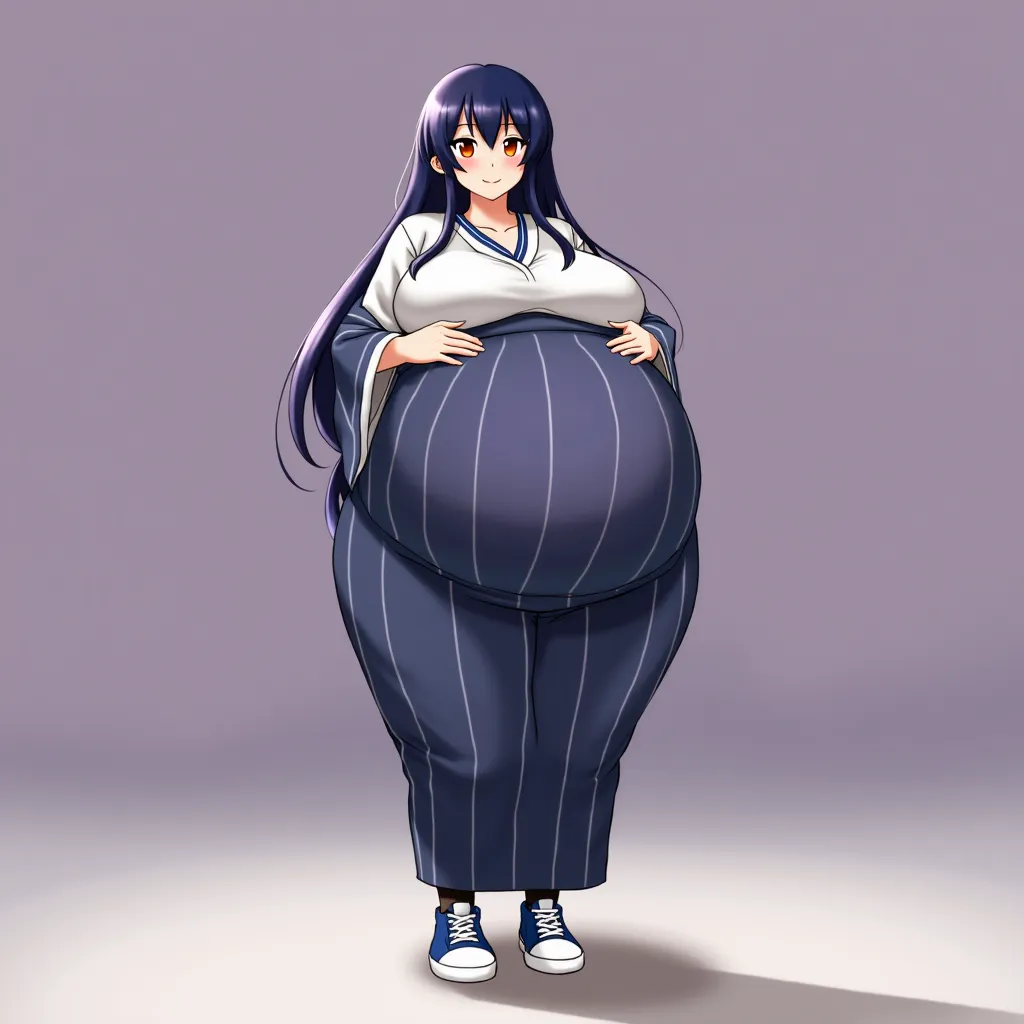 anime girl, long hair, dark blue hair, big pregnant, orange eyes , very big breasts, very big belly , pregnant girl, the biggest belly , anime style, big breasts, pregnant girl with a big belly, smile, dark blue thin tights with white stripes, dark blue lo...