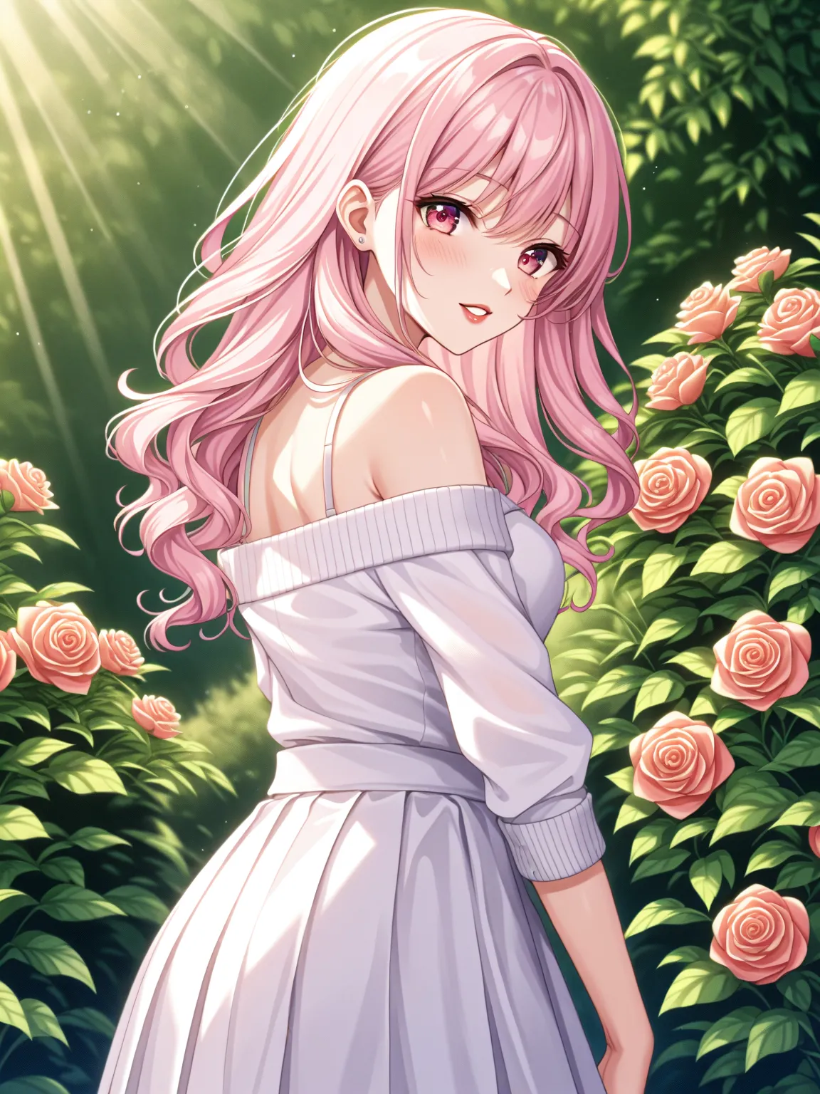 Haruka Ai
1, full body
Light smile
Personality similar to "Kirigatani Suguha": 0.8
Medium length, pink hair
Garnet eyes
Rose red lipstick
Oval face
Height 160cm
D cup  bust
Medium hips
Slim yet soft curves
Elegant and lustrous skin
Sensual yet pure express...